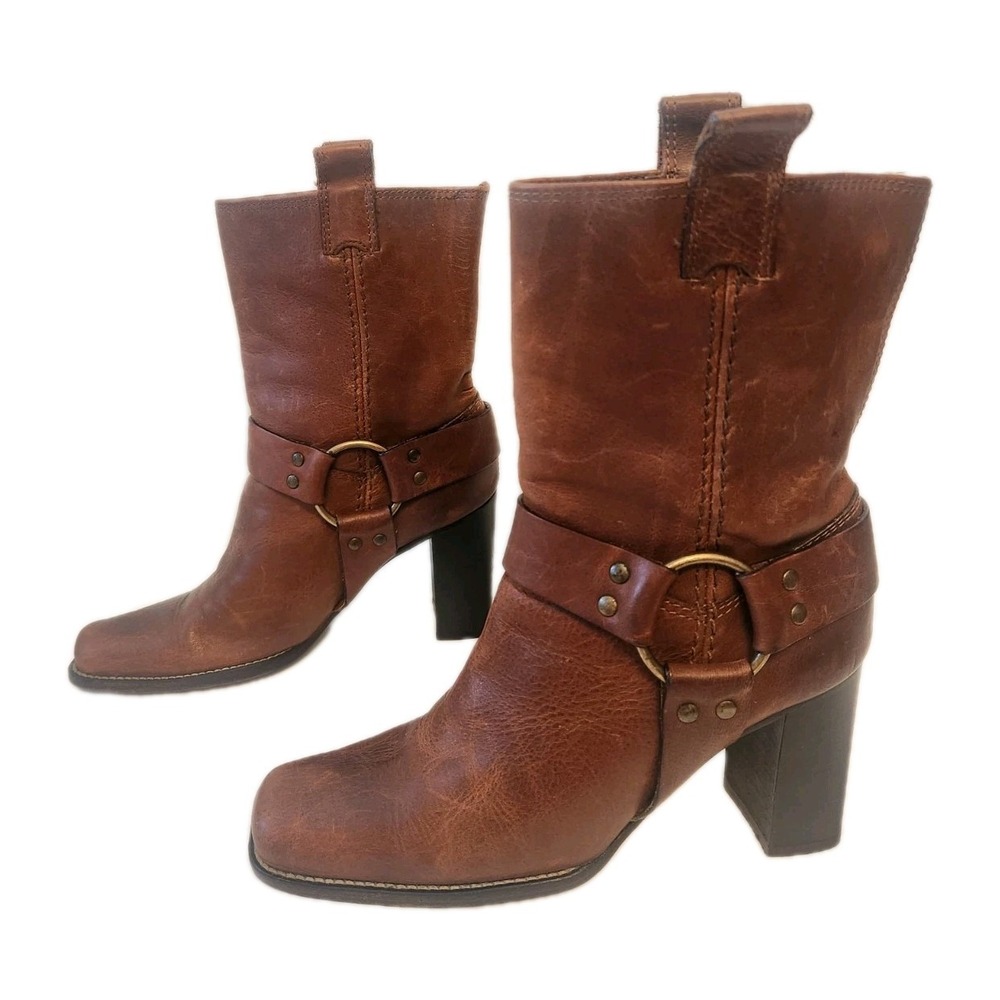 Michael Kors Harness Moto Western Boots Heels Brown Distressed Leather Italy 7M